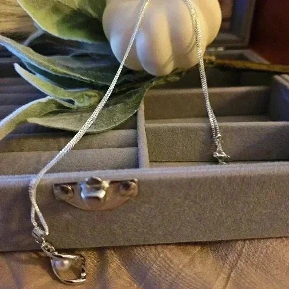 925 Sterling silver pearl pendant necklace, snake chain. - Picture 4 of 5